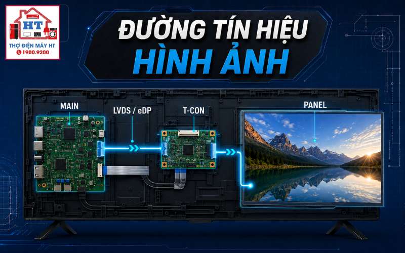 Đường tín hiệu hình Tivi: Main → LVDS/eDP → T-Con → Panel 1 Đường tín hiệu hình Tivi: Main → LVDS/eDP → T-Con → Panel