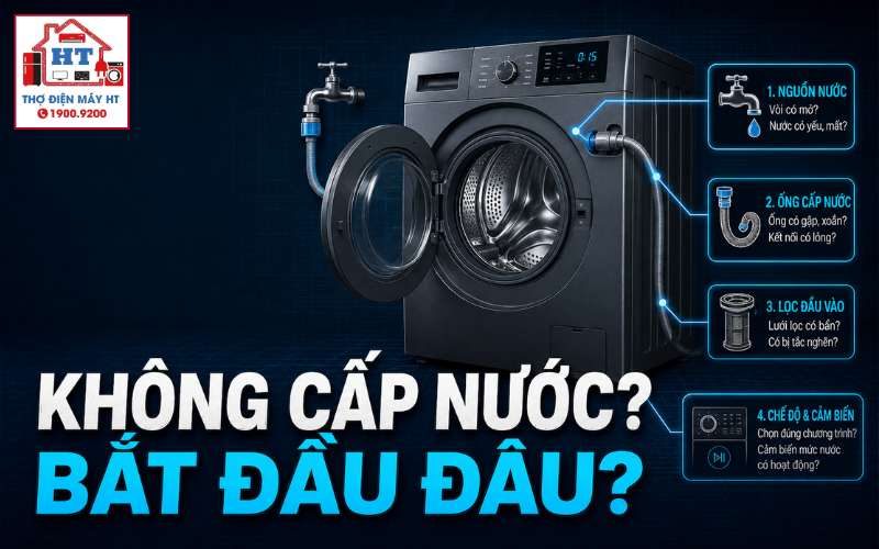 Chẩn đoán máy giặt không cấp nước: van cấp, cảm biến & điều khiển