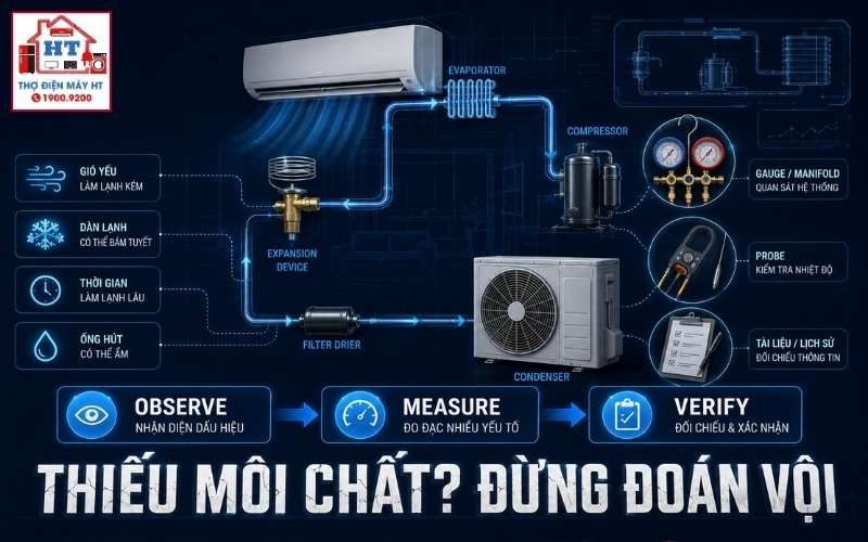 Máy lạnh thiếu gas hay rò môi chất? Chẩn đoán bằng phép đo 1 Máy lạnh thiếu gas hay rò môi chất? Chẩn đoán bằng phép đo
