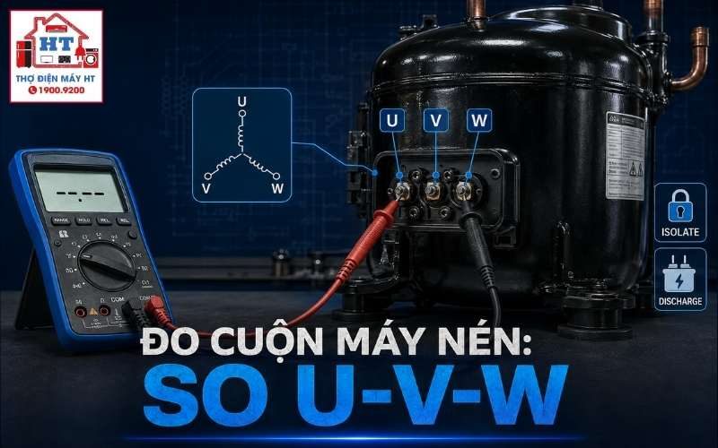 Đo điện trở cuộn dây máy nén: so U-V-W và đọc theo model 1 Đo điện trở cuộn dây máy nén: so U-V-W và đọc theo model