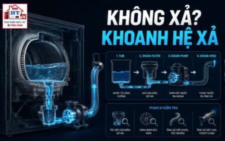 Hệ thống xả máy giặt: chẩn đoán bơm xả, ống xả và sensing