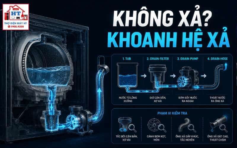 Hệ thống xả máy giặt: chẩn đoán bơm xả, ống xả và sensing