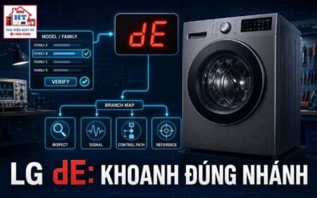 Lỗi dE máy giặt LG: chẩn đoán cửa, khóa cửa và tín hiệu liên quan