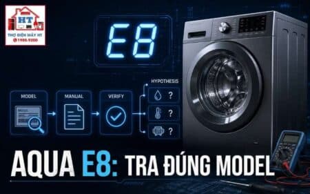 Lỗi E8 máy giặt AQUA cửa ngang: chẩn đoán mực nước cao theo model