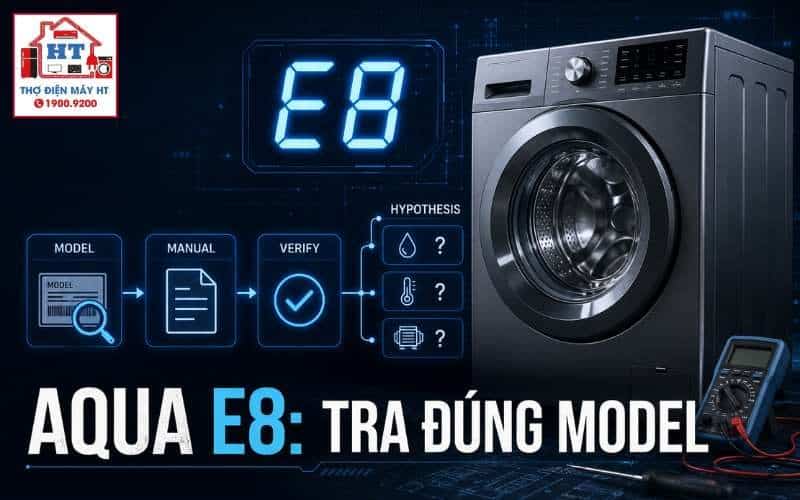 Lỗi E8 máy giặt AQUA cửa ngang: chẩn đoán mực nước cao theo model