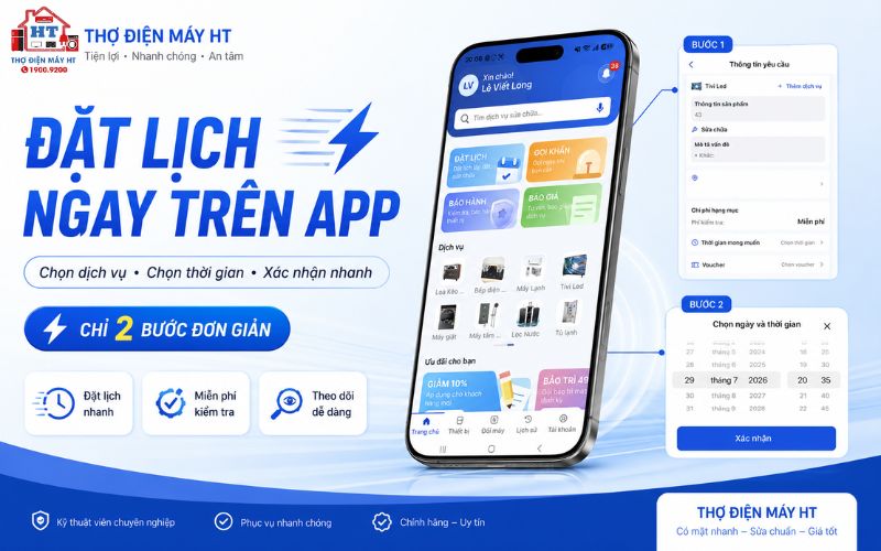Giao diện ứng dụng đặt lịch dịch vụ sửa chữa Giao diện ứng dụng di động hiển thị các tùy chọn dịch vụ sửa chữa thiết bị điện lạnh, điện máy, điện tử.