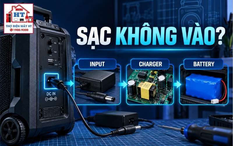 Loa kéo sạc không vào: chẩn đoán input, mạch sạc, pin 1 Loa kéo sạc không vào: chẩn đoán input, mạch sạc, pin