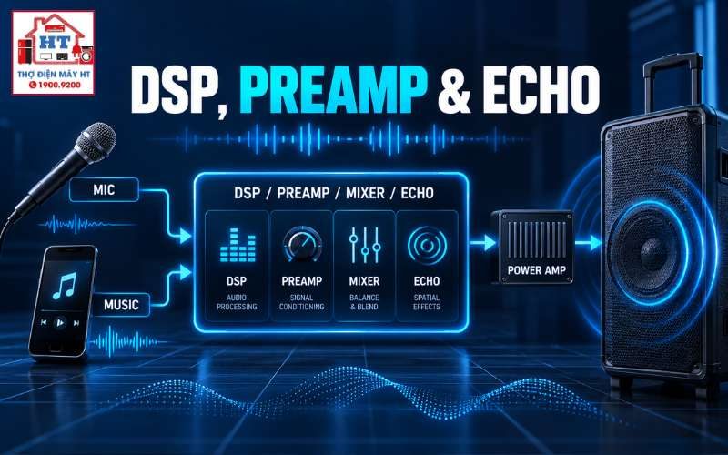 DSP, preamp, mixer, echo loa kéo: signal path và chẩn đoán
