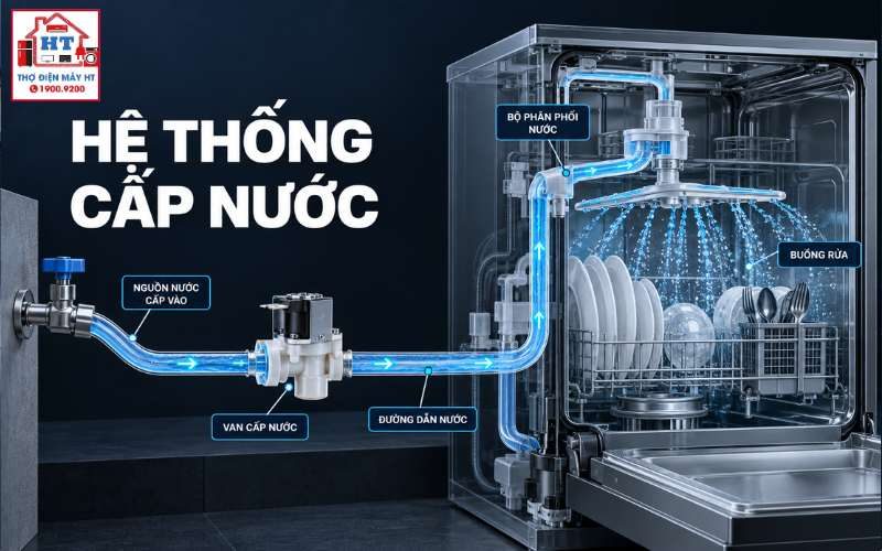 Hệ thống cấp nước máy rửa bát: từ van đến cảm biến 1 Hệ thống cấp nước máy rửa bát: từ van đến cảm biến