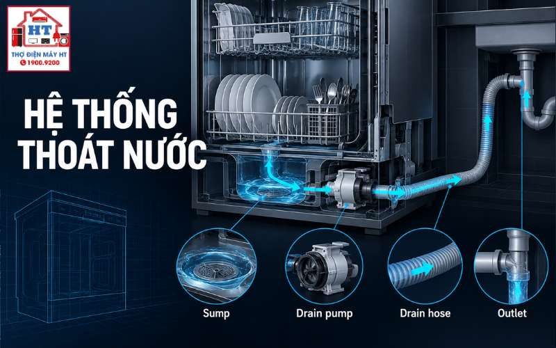Hệ thống thoát nước máy rửa bát: tắc cơ hay lỗi bơm xả?