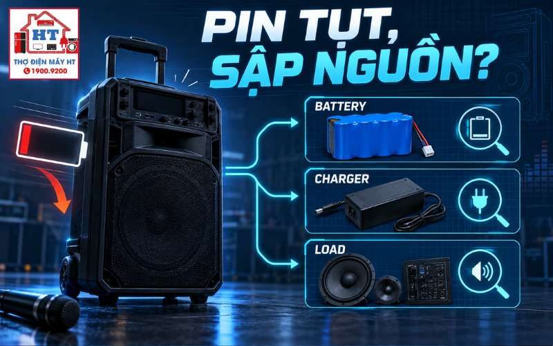 Loa kéo nhanh hết pin, sập nguồn: chẩn đoán tải và pin 1 Loa kéo nhanh hết pin, sập nguồn: chẩn đoán tải và pin