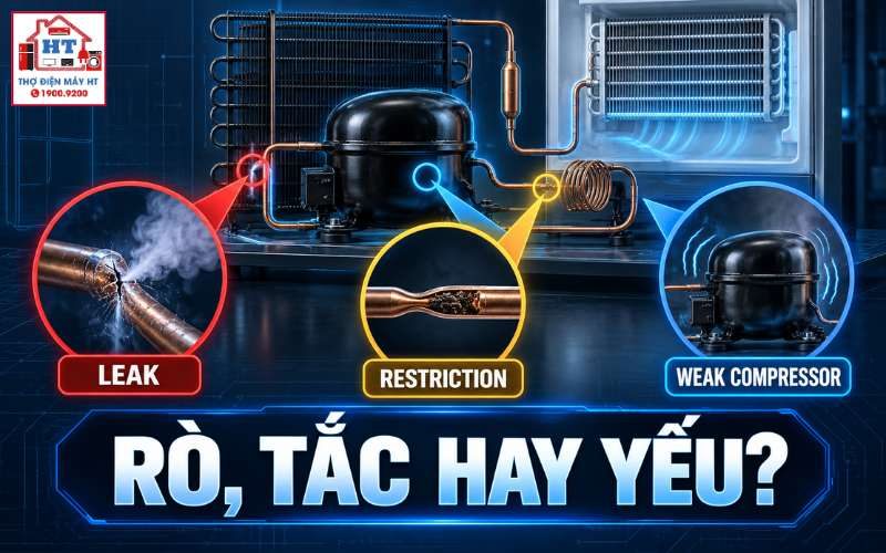 Phân biệt rò môi chất, tắc nghẽn và máy nén yếu ở tủ lạnh 1 Phân biệt rò môi chất, tắc nghẽn và máy nén yếu ở tủ lạnh