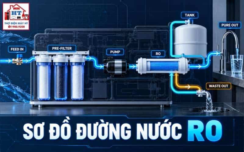 Sơ đồ đường nước RO: đọc luồng sạch, thải và áp lực